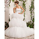 Ball Gown Spaghetti Straps Chapel Train Tulle Satin Wedding Dress