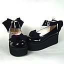 preto de couro envernizado 6,5 cm de salto alto sapatos doce lolita com arco