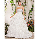 Ball Gown Strapless Chapel Train Crystal Flower(s) Beading Cascading Ruffles Sashes/Ribbons Wedding Dress