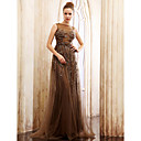 A-line Bateau Sweep Brush Train Tulle Over Chiffon Luxurious Dresses