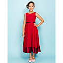 A-line Jewel Tea-length Chiffon Elastic Woven SatinJunior Bridesmaid Dress