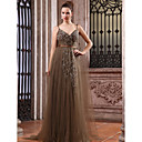 A-line V-neck Watteau Train Tulle Over Chiffon Luxurious Dresses
