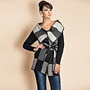 TS Check Pattern Wide Lapel PU Stitching Woolen Coat