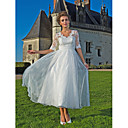 A-line V-neck Ankle-length Organza Lace Wedding Dress