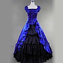Short Sleeve Floor-length Blue and Black Satin Gothic Lolita Dress
