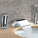 Chrom-Finish Zwei Griffe Wasserfall Zeitgenössische Widespread Badewanne Wasserhahn mit Handbrause