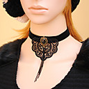 Women's Gothic Black Velvet Ribbon Big Lace Flower Necklace with Silver Grey Chain Tassel