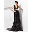 Sheath/Column V-neck Court Train Sequined Evening Dress